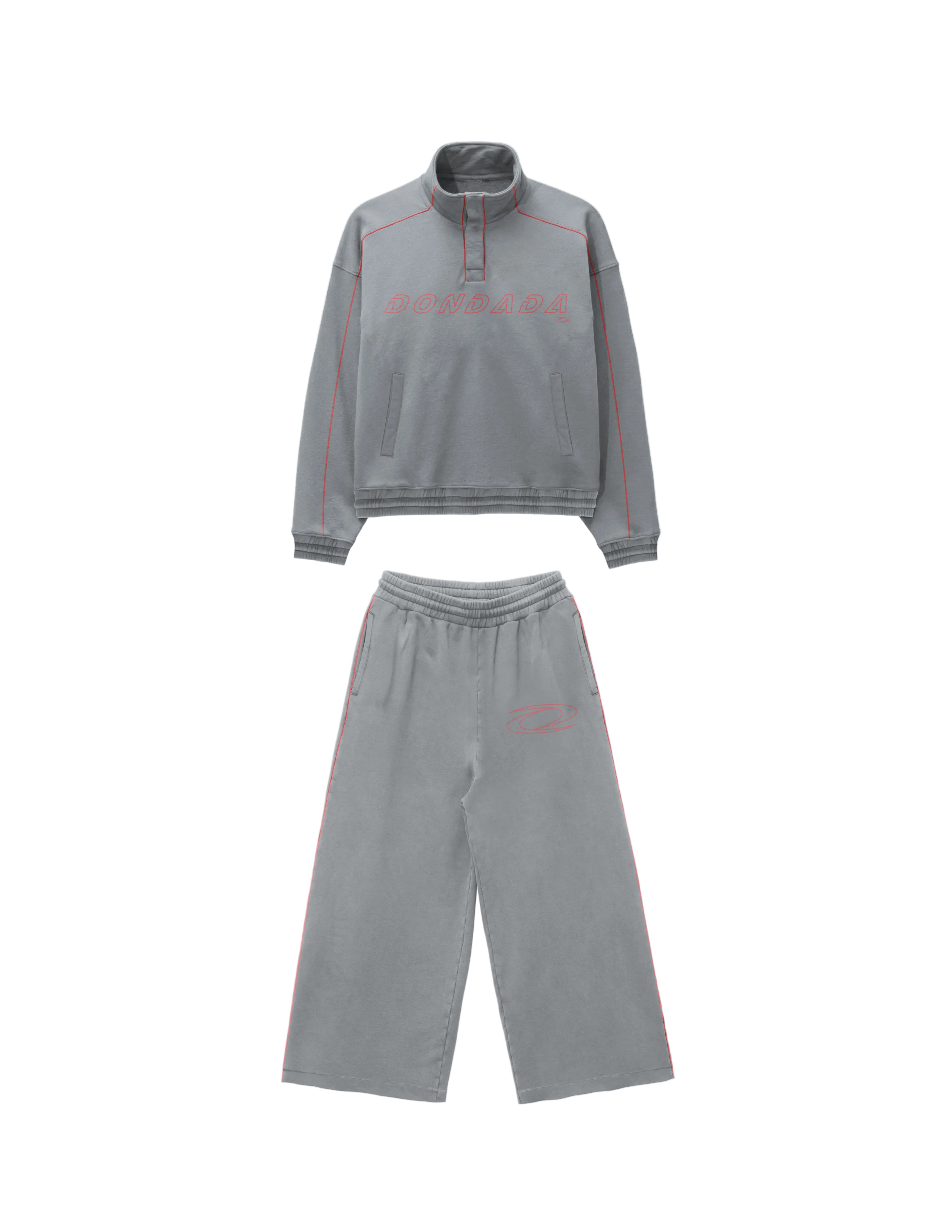 Gray tracksuit with red accents on a white background