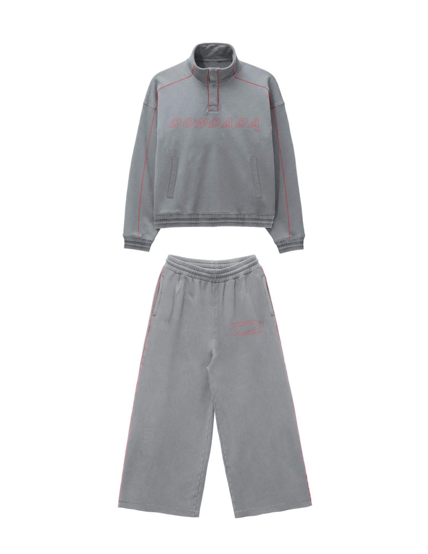 Gray tracksuit with red accents on a white background