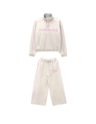 Beige tracksuit with pink accents on a white background