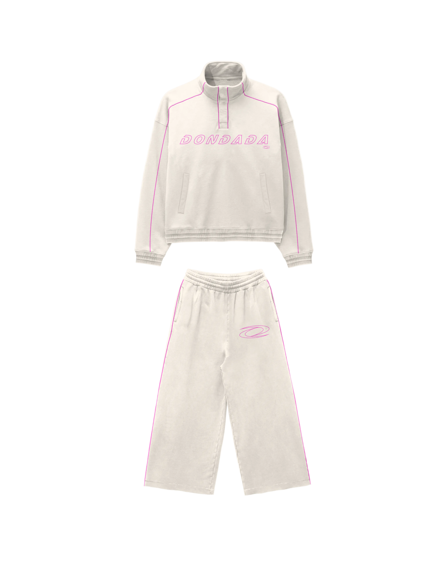 Beige tracksuit with pink accents on a white background