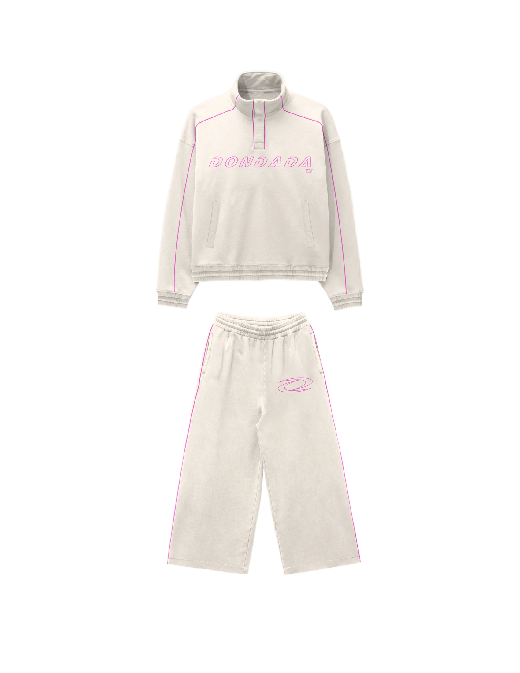 Beige tracksuit with pink accents on a white background