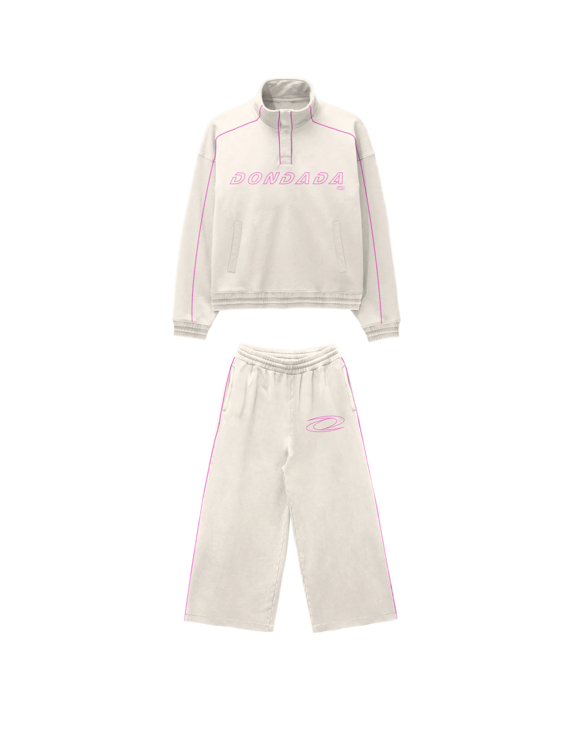 Beige tracksuit with pink accents on a white background