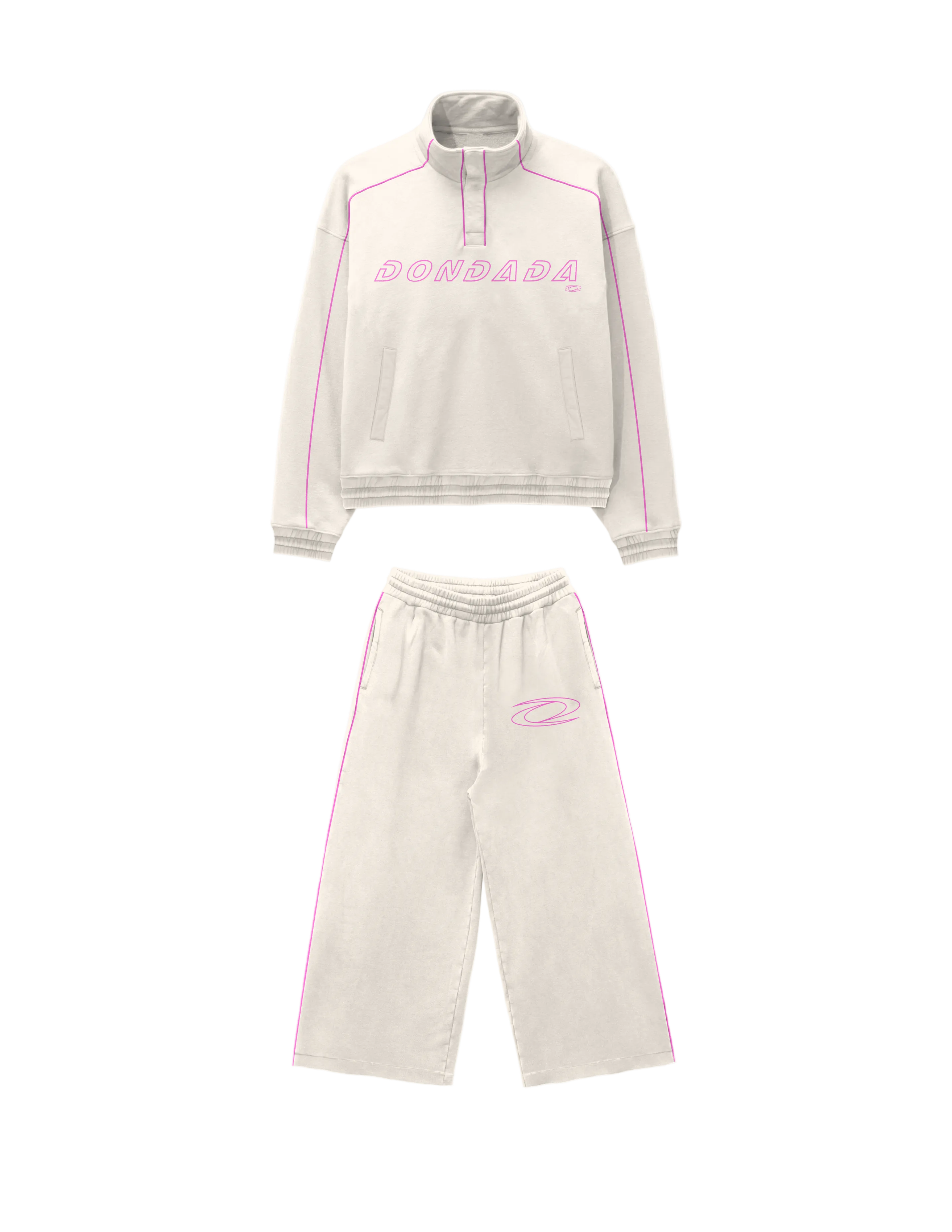 Beige tracksuit with pink accents on a white background