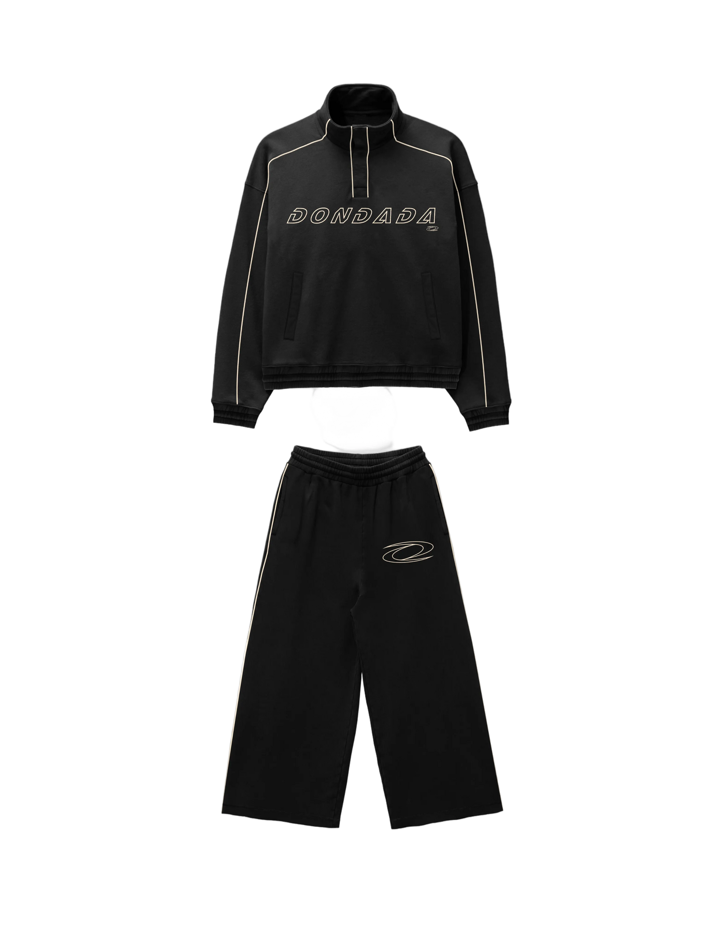Black tracksuit with 'Dondada' branding on a white background