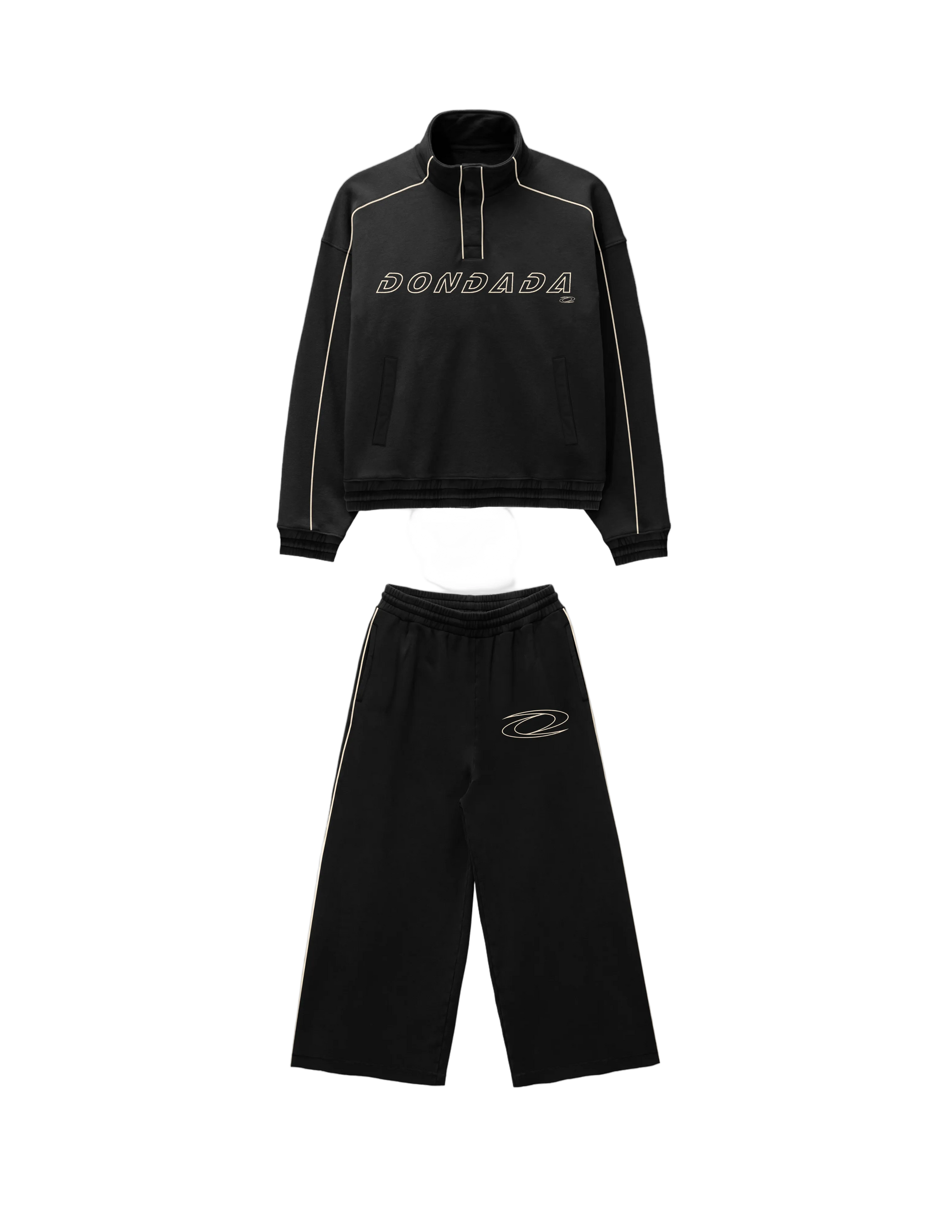 Black tracksuit with 'Dondada' branding on a white background